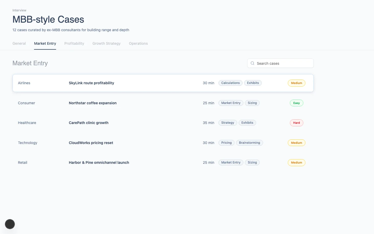 Skillflo Coach MBB-style case selection screen with industries, interview topics, duration, skills, and difficulty.