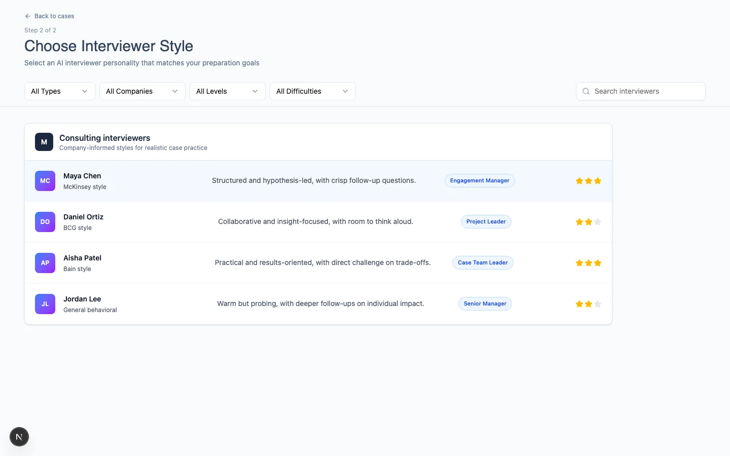Skillflo Coach interviewer selection screen with company-informed styles, seniority, difficulty, and interview approach.