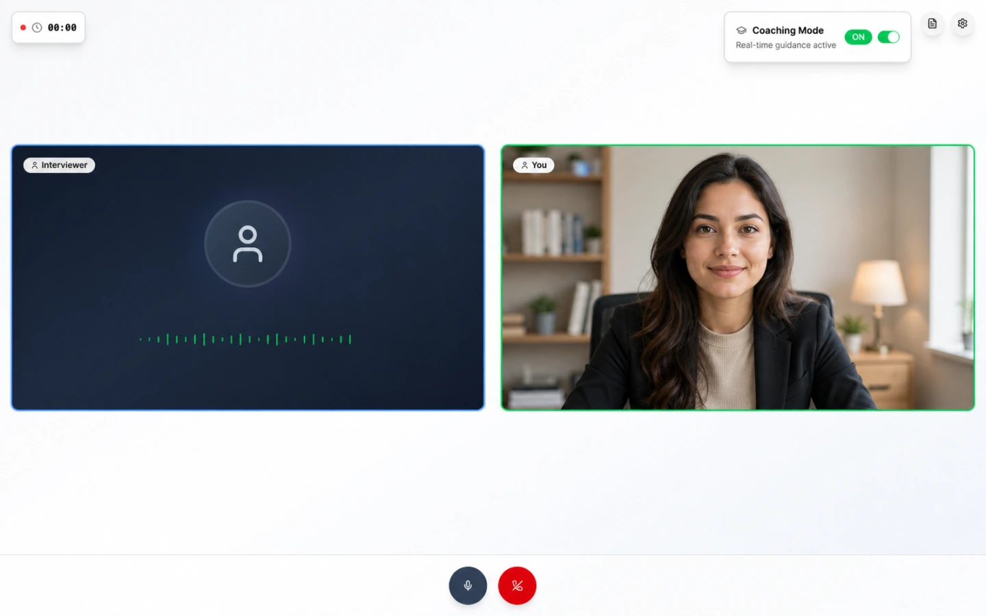 Actual Skillflo Coach live interview screen with coaching mode enabled and a candidate on camera.