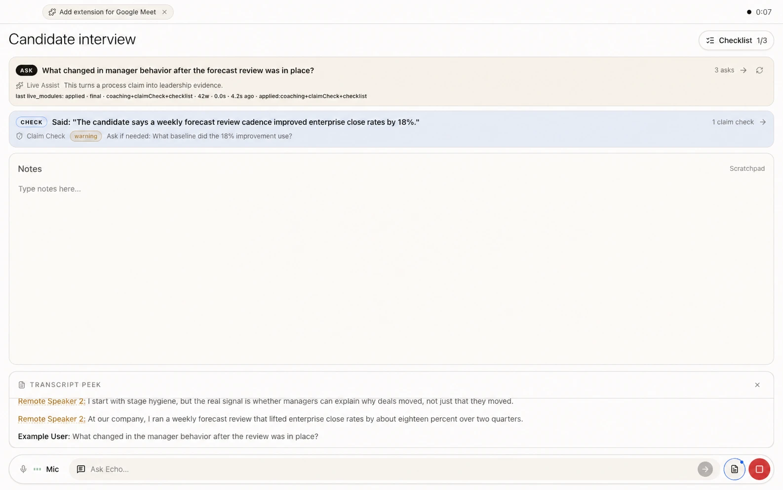 Echo live meeting workspace showing notes, a follow-up question, checklist progress, a careful claim check, and transcript preview.