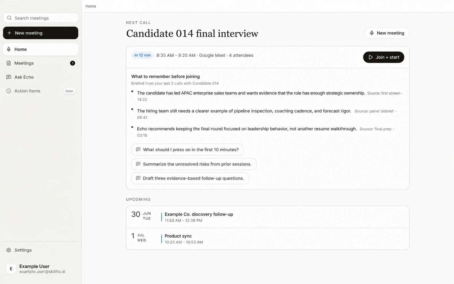 Echo home screen showing an upcoming interview, context from two prior calls, and three suggested questions.