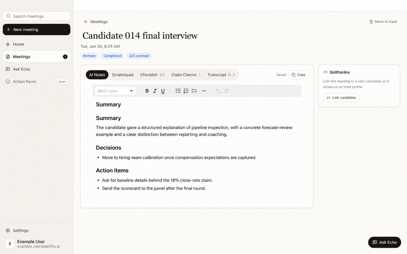 Echo saved meeting record with notes, decisions, explicit action items, checklist, claim checks, and transcript evidence.