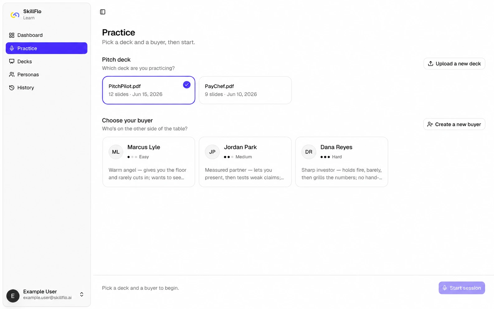 Skillflo Learn practice setup with a selected pitch deck and three built-in buyers at different pressure levels.